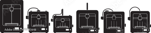 Black Solid 3D Printer Silhouettes Set of Six on White Background