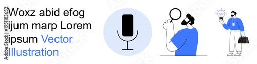 Voice assistants, technology innovation, idea generation, communication tools, analysis, modern solutions. Microphone icon and characters with magnifying glass and lightbulb. Voice assistants
