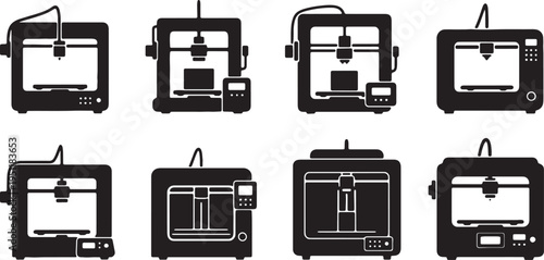 Black Solid 3D Printer Silhouettes Set of Six on White Background