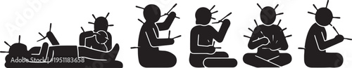 Black Solid Acupuncture Silhouettes Set of Six on White Background