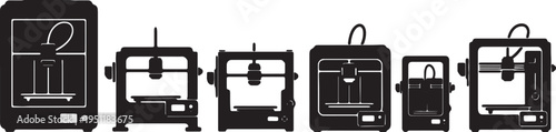 Black Solid 3D Printer Silhouettes Set of Six on White Background