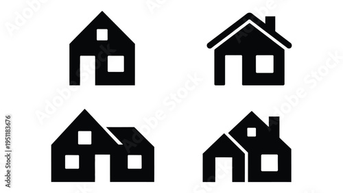 set of minimal house icons in different styles, residential building silhouettes, real estate property concept, simple flat design collection