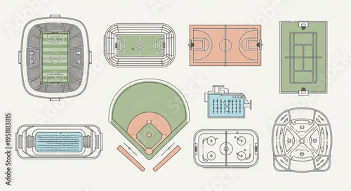 Various Sports Field Layouts - Baseball, Football, Basketball, Tennis, Hockey, and More.