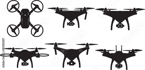 Black Solid Aerial Drone Silhouettes Set of Six on White Background