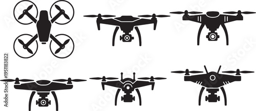 Black Solid Aerial Drone Silhouettes Set of Six on White Background