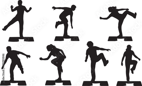 Black Solid Step Aerobics Silhouettes Set of Six on White Background