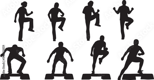 Black Solid Step Aerobics Silhouettes Set of Six on White Background