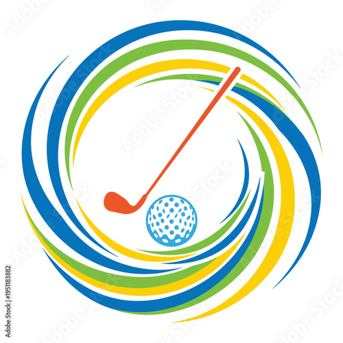 A vibrant circular logo featuring an orange golf club and blue golf ball with swirling color bands