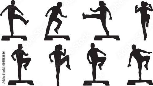 Black Solid Step Aerobics Silhouettes Set of Six on White Background