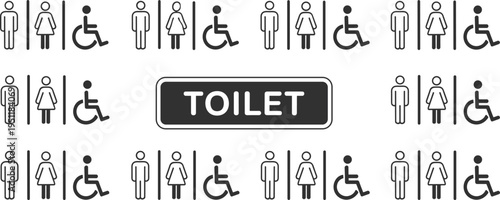 Repeating Pattern of Toilet Icons for Men, Women, and Disabled with Central Sign restroom bathroom