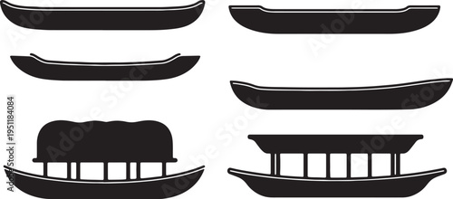 Black Solid Traditional African Dugout Canoes and Boats Silhouettes Set of Six on White Background
