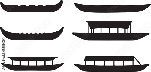 Black Solid Traditional African Dugout Canoes and Boats Silhouettes Set of Six on White Background