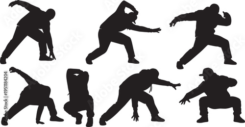 Black Solid Hip Hop Stance Silhouettes Set of Six on White Background