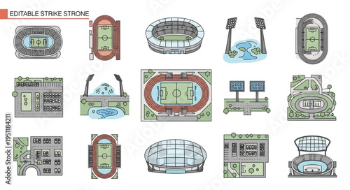 Diverse Stadium Illustrations - Architectural Variety and Sporting Venues.