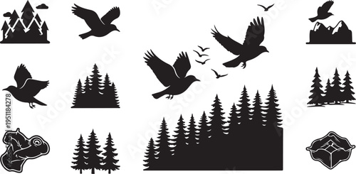 Black silhouettes of birds and trees on white background