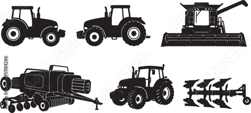 Black Solid Agricultural Tractors Silhouettes Set of Six on White Background