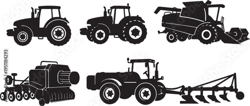 Black Solid Agricultural Tractors Silhouettes Set of Six on White Background