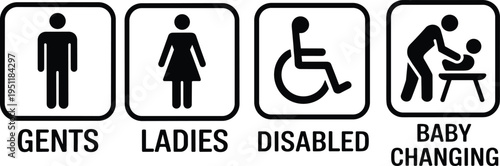 Restroom Sign Icons for Gents Ladies Disabled and Baby Changing with Text Keywords: restroom, sign, icons, gents, ladies