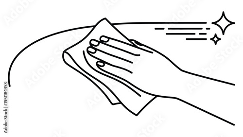 minimal line icon of hand wiping surface with cloth, cleaning hygiene concept illustration, sanitation and disinfection symbol outline design
