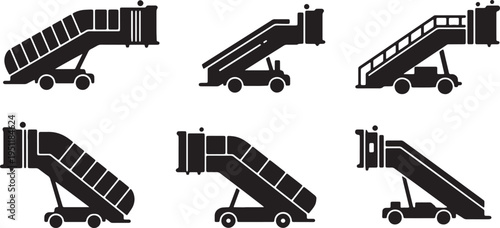 Black Solid Public Airport Jet Bridges and Air Stairs Silhouettes Set of Six on White Background