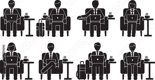 Black Solid Airport Lounge Silhouettes Set of Six on White Background