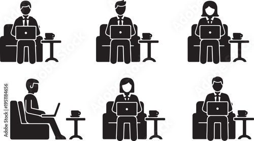 Black Solid Airport Lounge Silhouettes Set of Six on White Background