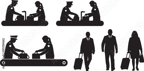 Black Solid Airport Security Silhouettes Set of Six on White Background