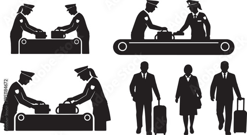 Black Solid Airport Security Silhouettes Set of Six on White Background