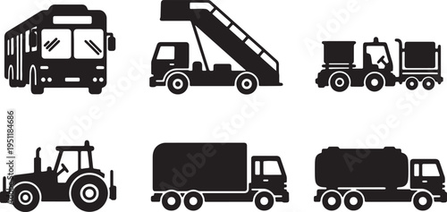 Black Solid Public Airport Shuttle Buses and Airside Vehicles Silhouettes Set of Six on White Background