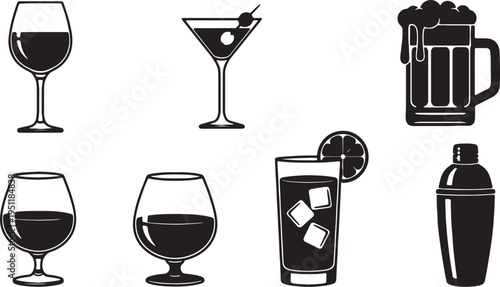 Black Solid Alcoholic Drinks Silhouettes Set of Six on White Background