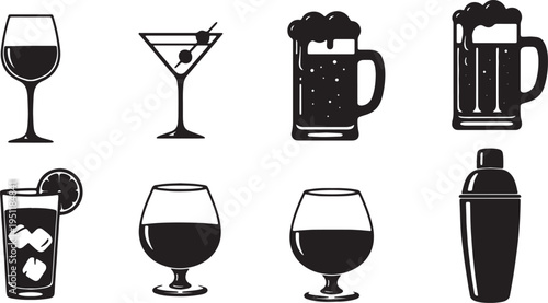 Black Solid Alcoholic Drinks Silhouettes Set of Six on White Background