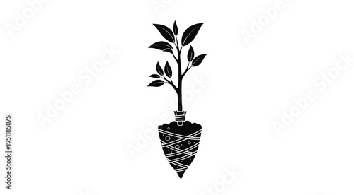 Minimal black sapling with a wrapped bare-root icon representing growth, gardening, and sustainability.