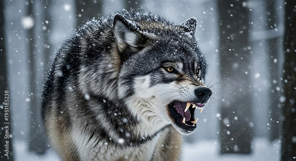 Fototapeta premium Fierce Gray Wolf Snarling in a Snowy Winter Forest.