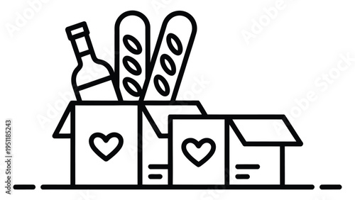 minimal line icon of food donation box with bread and bottle, charity and grocery support concept illustration, simple outline design