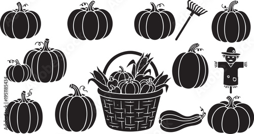 Black and white pumpkin patch illustration with scarecrow icons