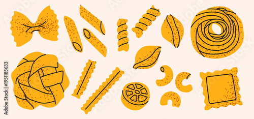 Different types of Italian pasta. Spaghetti, penne, fusilli, farfalle, rigatoni, rotelle, ravioli, conchiglie, pappardelle, elbows. Flat vector illustration.