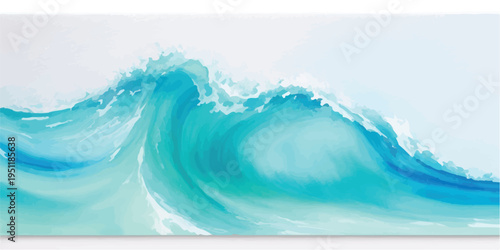 Dramatic watercolor depiction of a large ocean wave, rendered with intense turquoise and aqua colors, showing powerful cresting motion and frothy white foam, suitable for impact