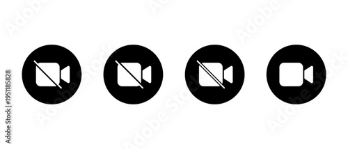 Video call icon set in black circle. Enable and disable camera record symbol