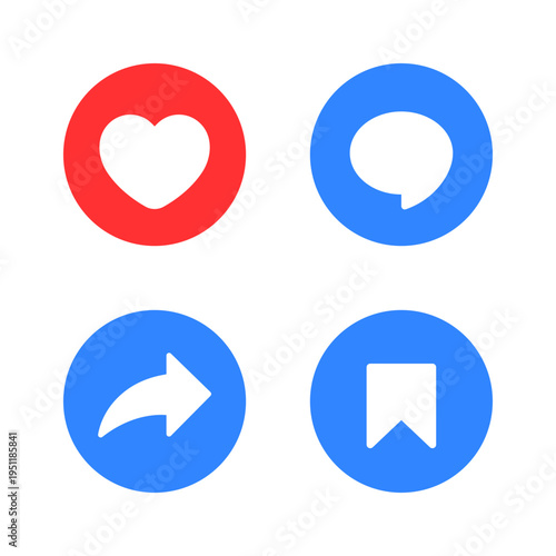 Like, comment, share, and save icon in flat design. Love, chat bubble, repost, and bookmark symbol