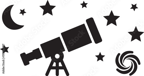 Telescope silhouette under starry night sky with crescent moon