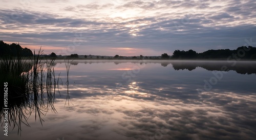Serene lake at sunset with reflection.