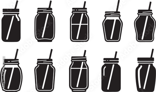 Black and white mason jars with straws illustration set