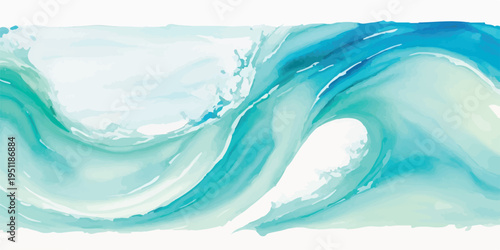 Stylized watercolor illustration of crashing ocean waves with dynamic turquoise and deep blue hues, featuring artistic splashes and white foam, embodying the raw power of the sea