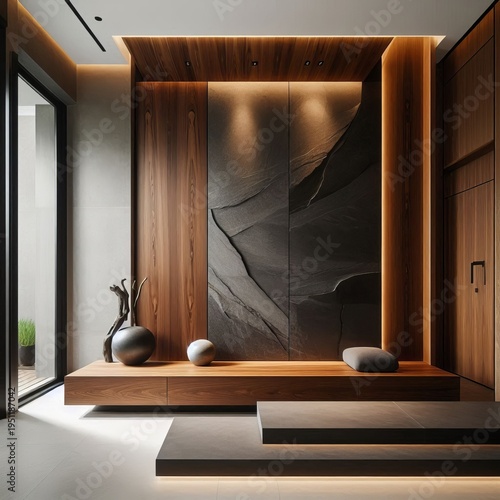 Modernist EntrywayCantilevered walnut bench monolithic slate fea