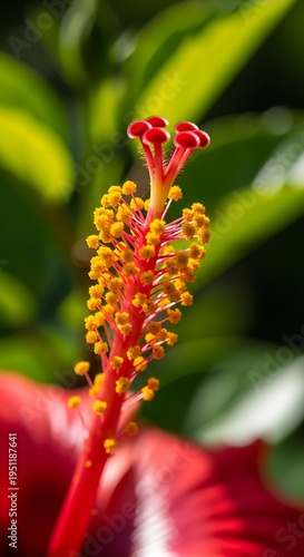 Vibrant Red Hibiscus Flower Stamen Closeup.