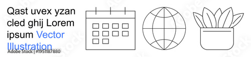 Business planning, globalization, productivity, sustainability, environment, organization. Minimalistic line art of a calendar, globe and potted plant. Business planning and globalization concept