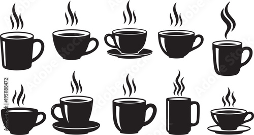 Set of black coffee cups with steam rising icons