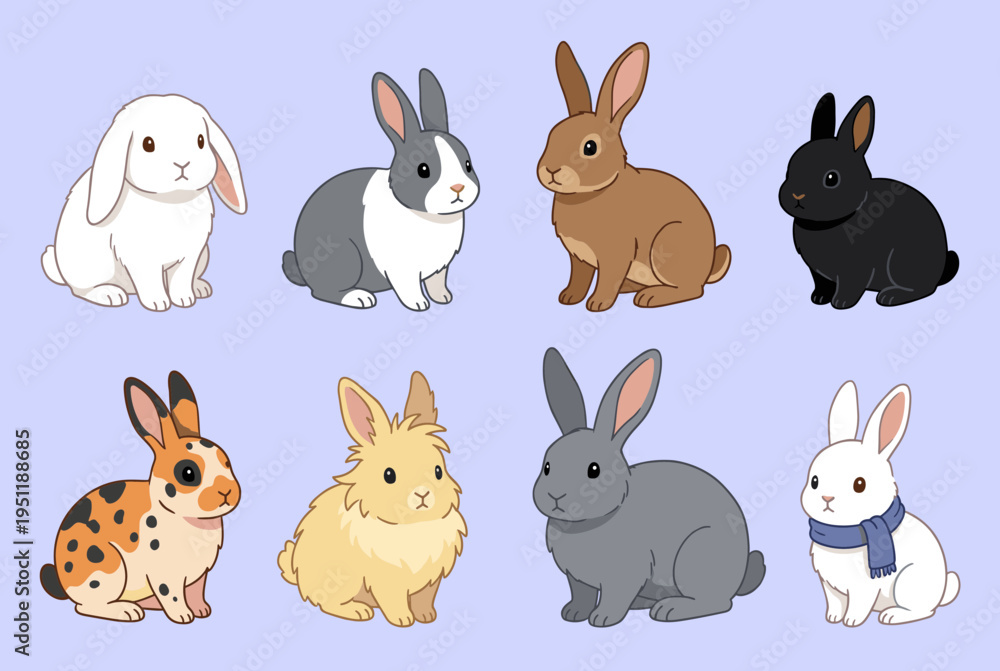 Obraz premium Various breeds of rabbits and bunnies collection in different colors and patterns like white grey brown and spotted in flat vector style