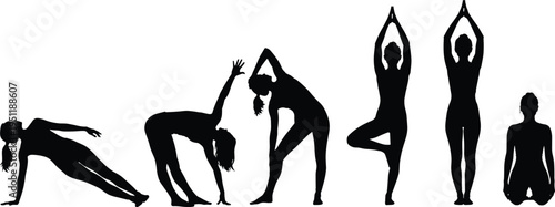 Black silhouette illustrations of six yoga poses including plank, bend, stretch, tree, mountain, and meditation, ideal for fitness, wellness, or mindfulness themes.