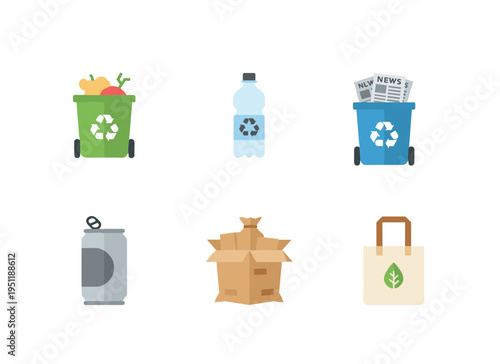 Waste management and recycling icons set featuring recycle bins plastic bottle paper can cardboard box and eco bag for environmental design
